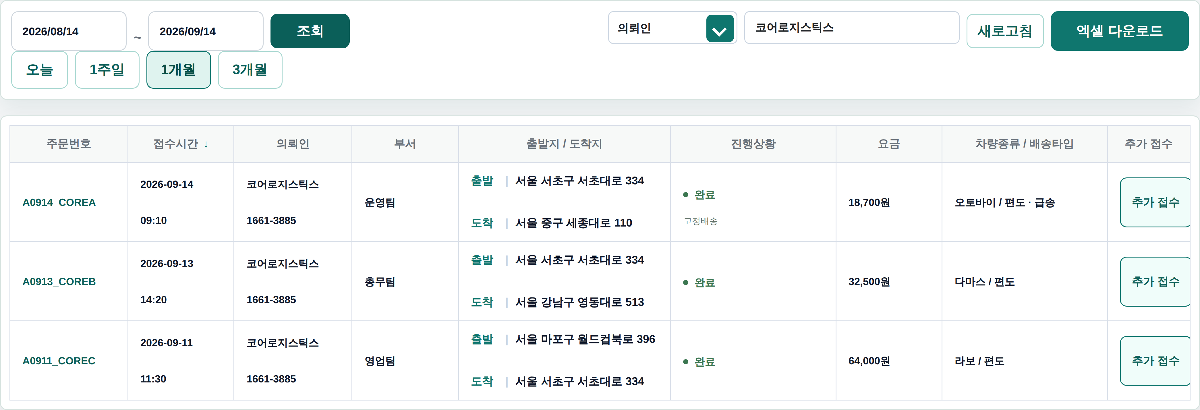 코어로지스틱스 의뢰인과 업무 정보가 채워진 배송 내역 화면