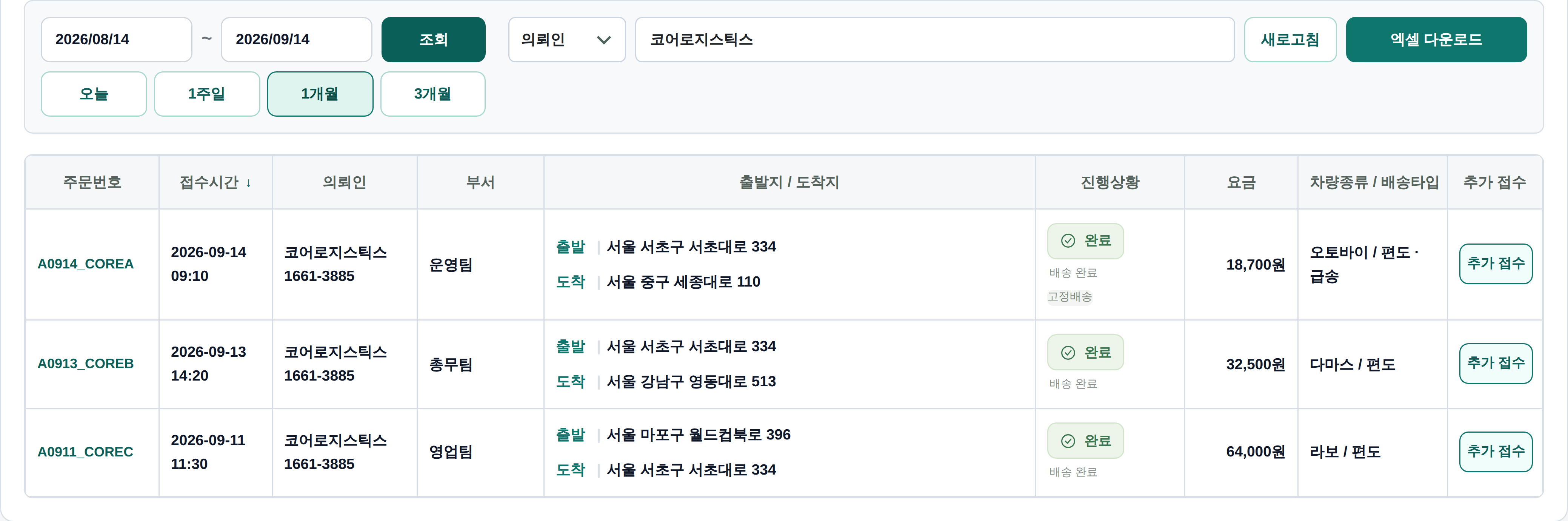 코어로지스틱스 의뢰인과 업무 정보가 채워진 배송 내역 화면